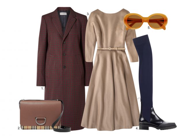 1. „Balenciaga” paltas 2. „Burberry” rankine 3. „Max Mara” suknelė 4. „Sportmax” batai 5. „Acne Studios” akiniai