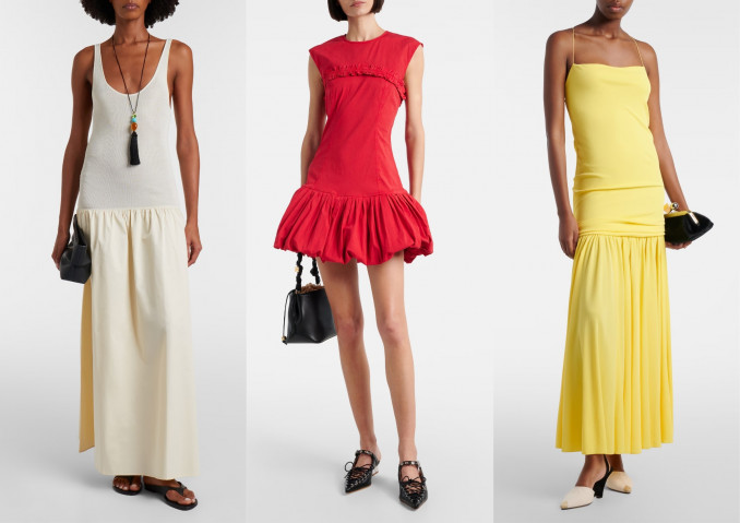 Suknelės: „The Frankie Shop“, „Ganni“, „Jacquemus“