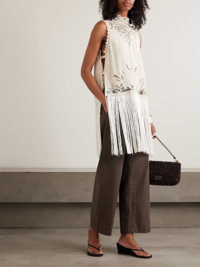 Sea Adelina tie-side fringed lace-paneled woven top