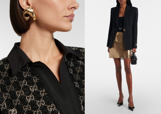 Auskarai, „Gucci“, sijonas, „Versace“