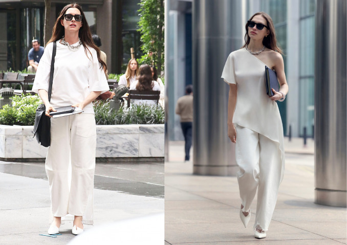 Aktorė Anne Hathaway „Ir velnias dėvi Prada 2“ filmavimo aikštelėje ir „Marks & Spencer“ kolekcijos modelis