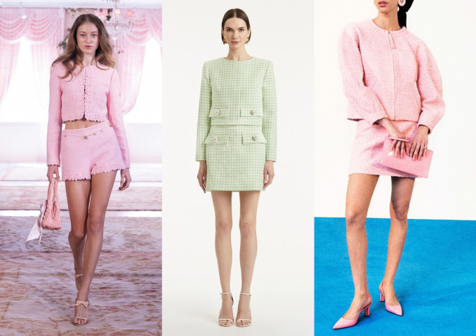 Pastelinių atspalvių tvido kostiumėliai: „LoveShackFancy“, „Oscar de la Renta“, „Carolina Herrera“